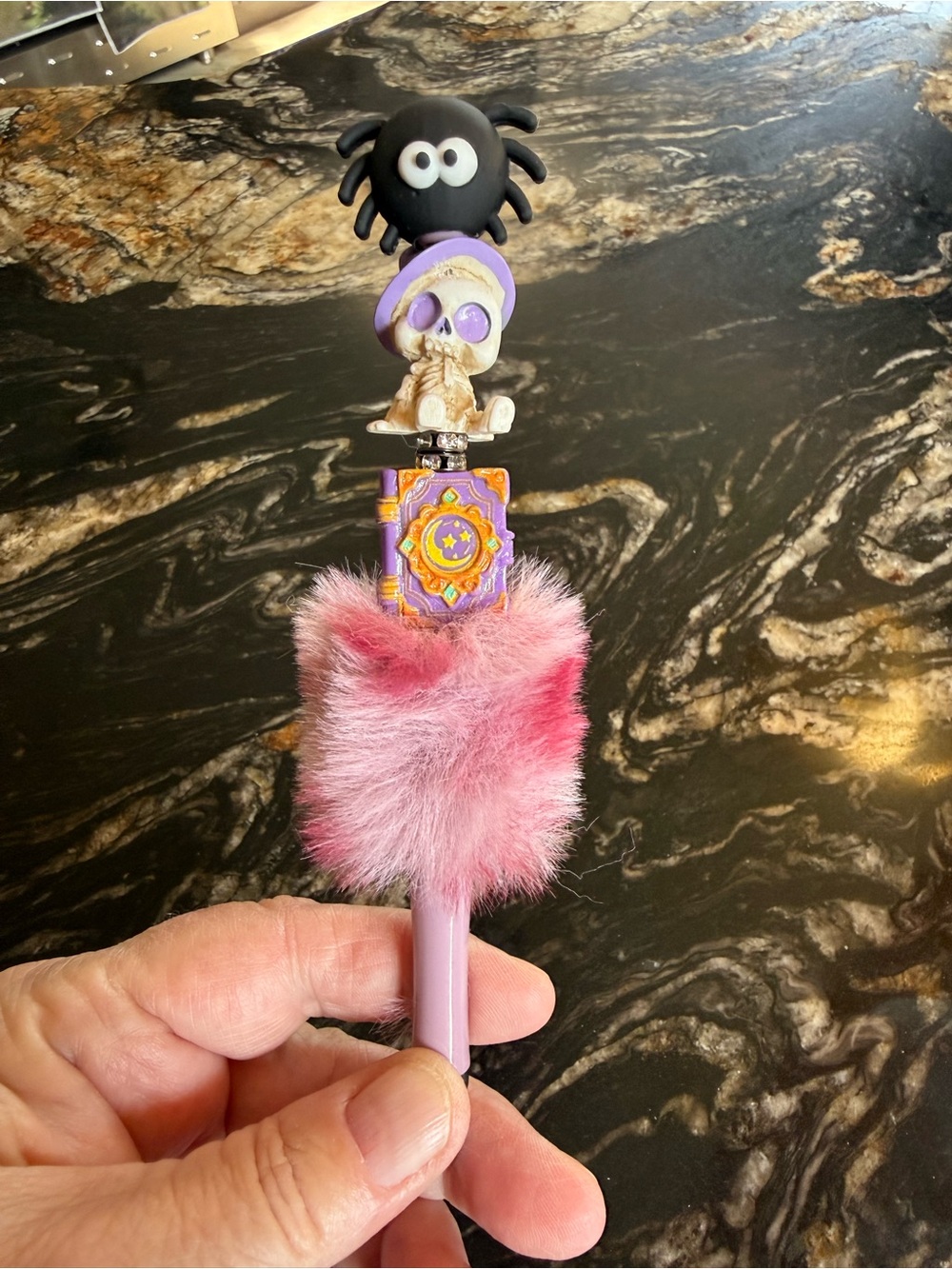 Plush Pink Fuzzy Character Pen with Spider and Skull Charms